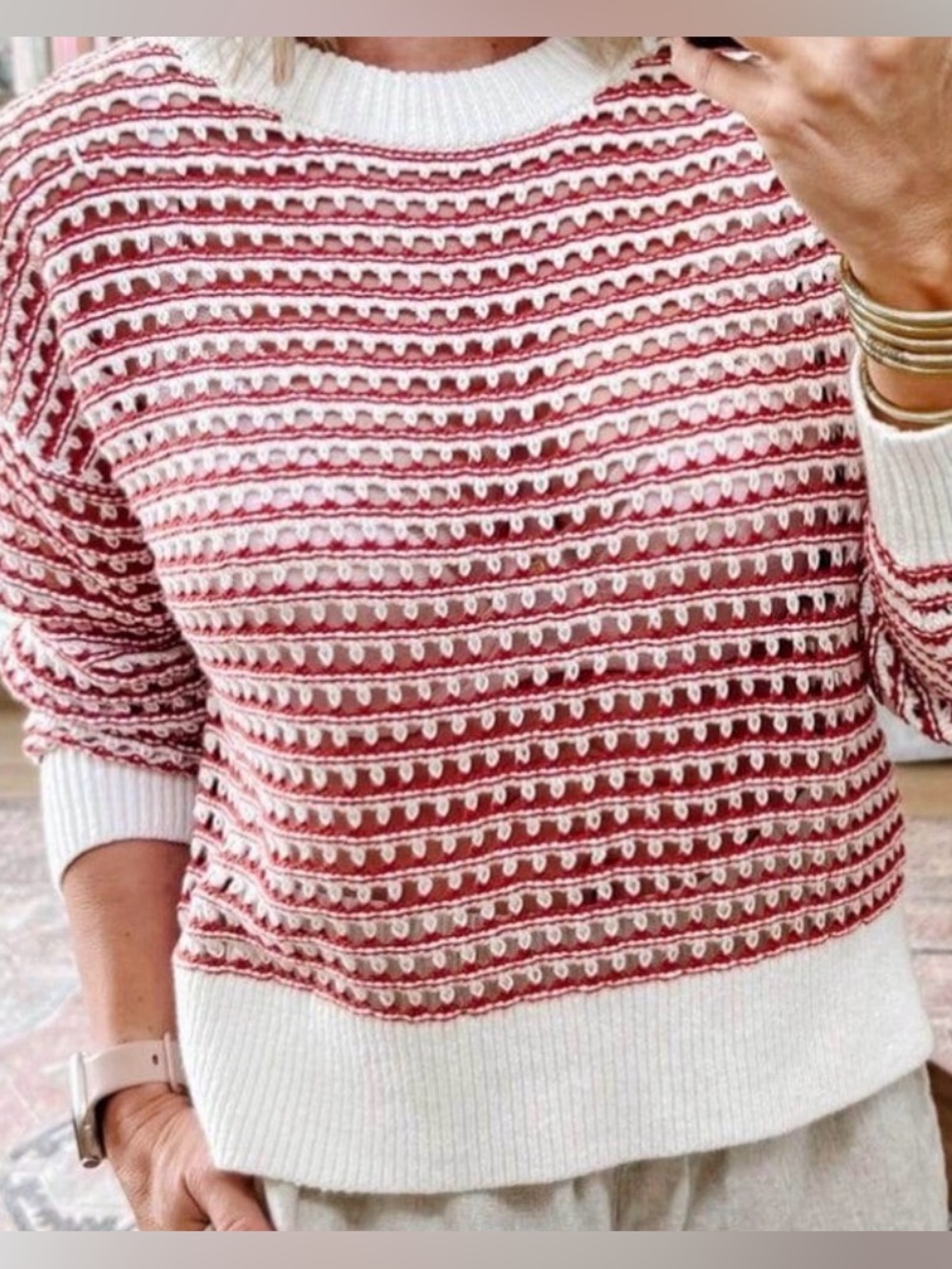GAP Cream and Red Striped Textured Crewneck Sweater Large